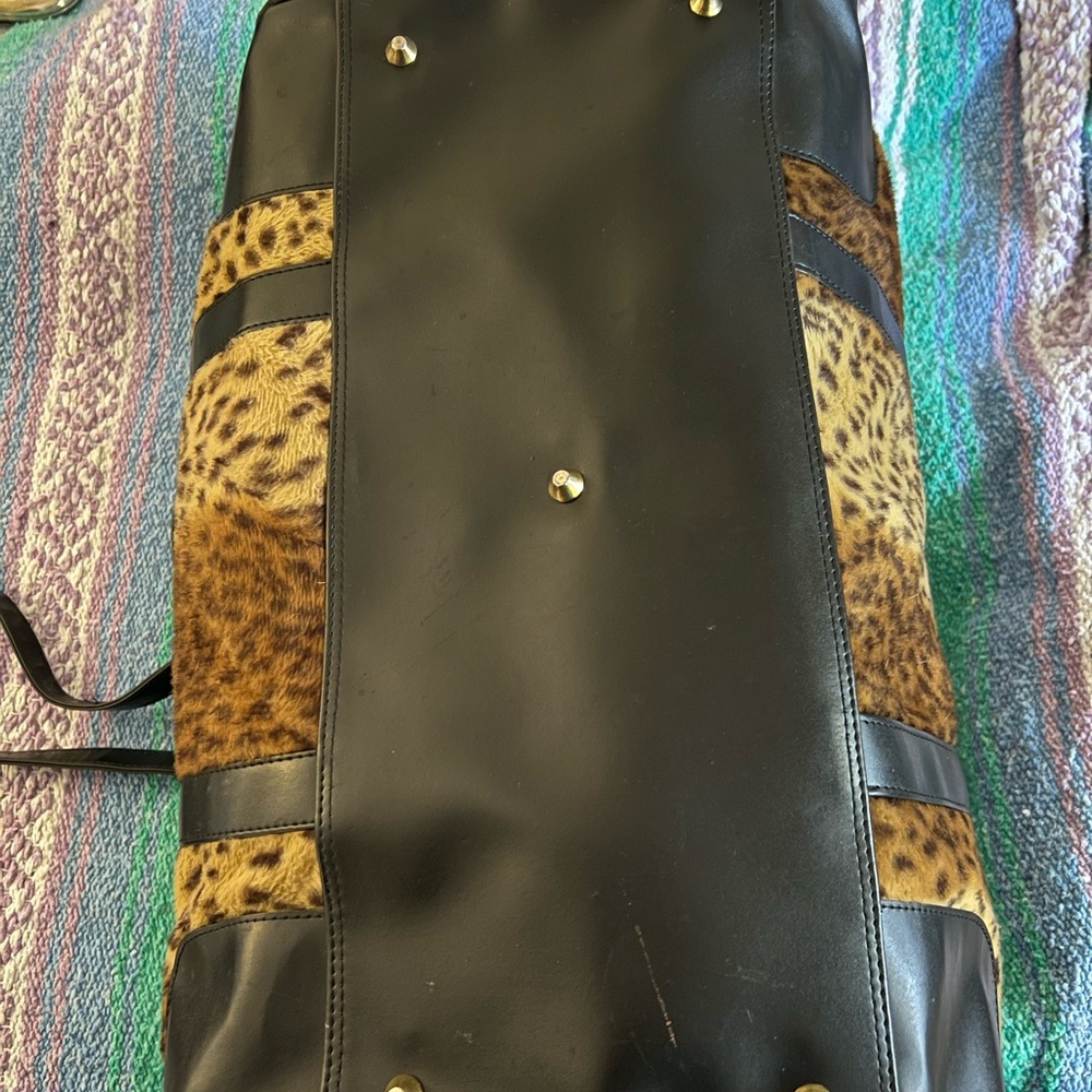 Faux Fur Leopard Print Tote Bag with Black Accents - Picture 5 of 7